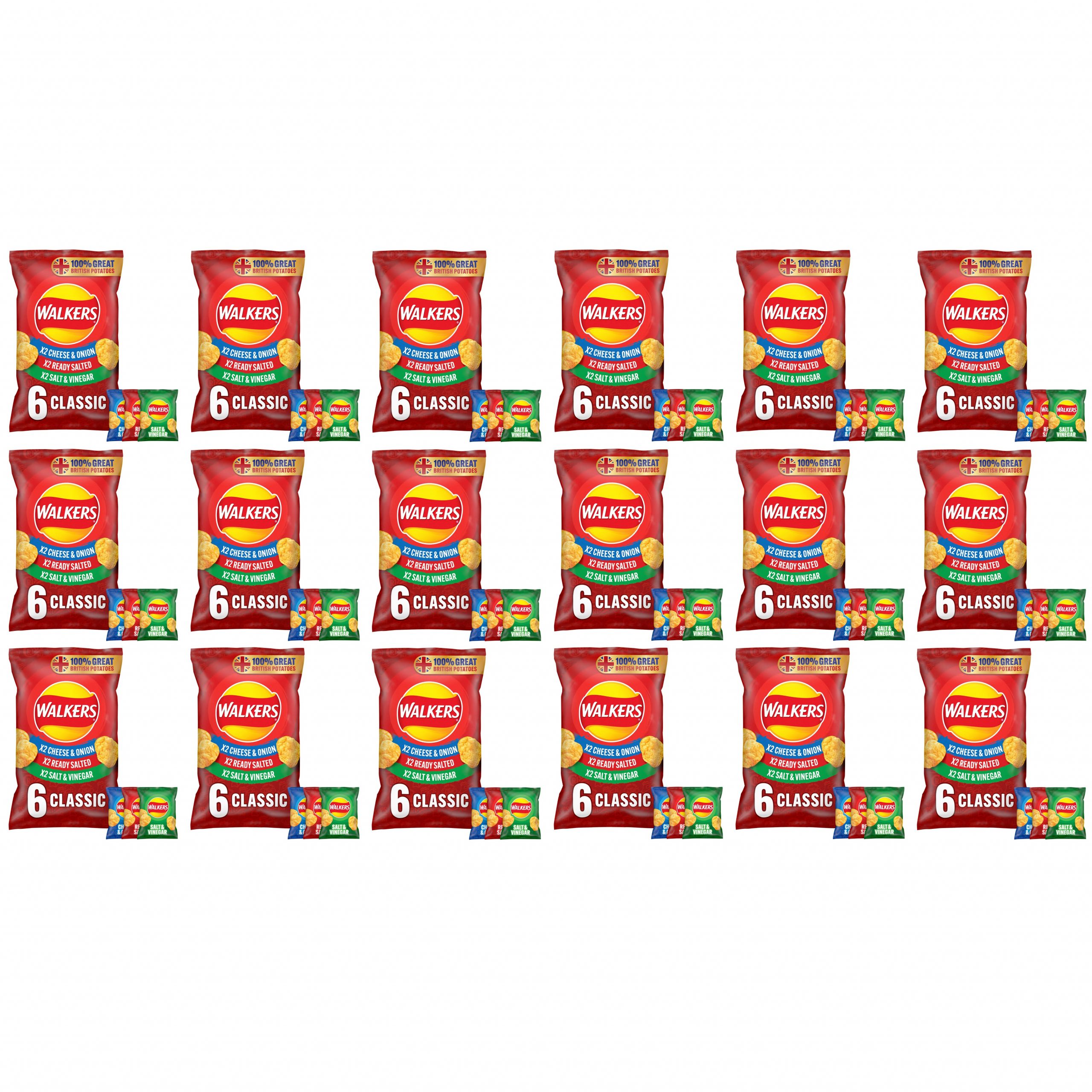 18 Tüten mit je 6 25g-Tüten Walker Classic Variety Crisps